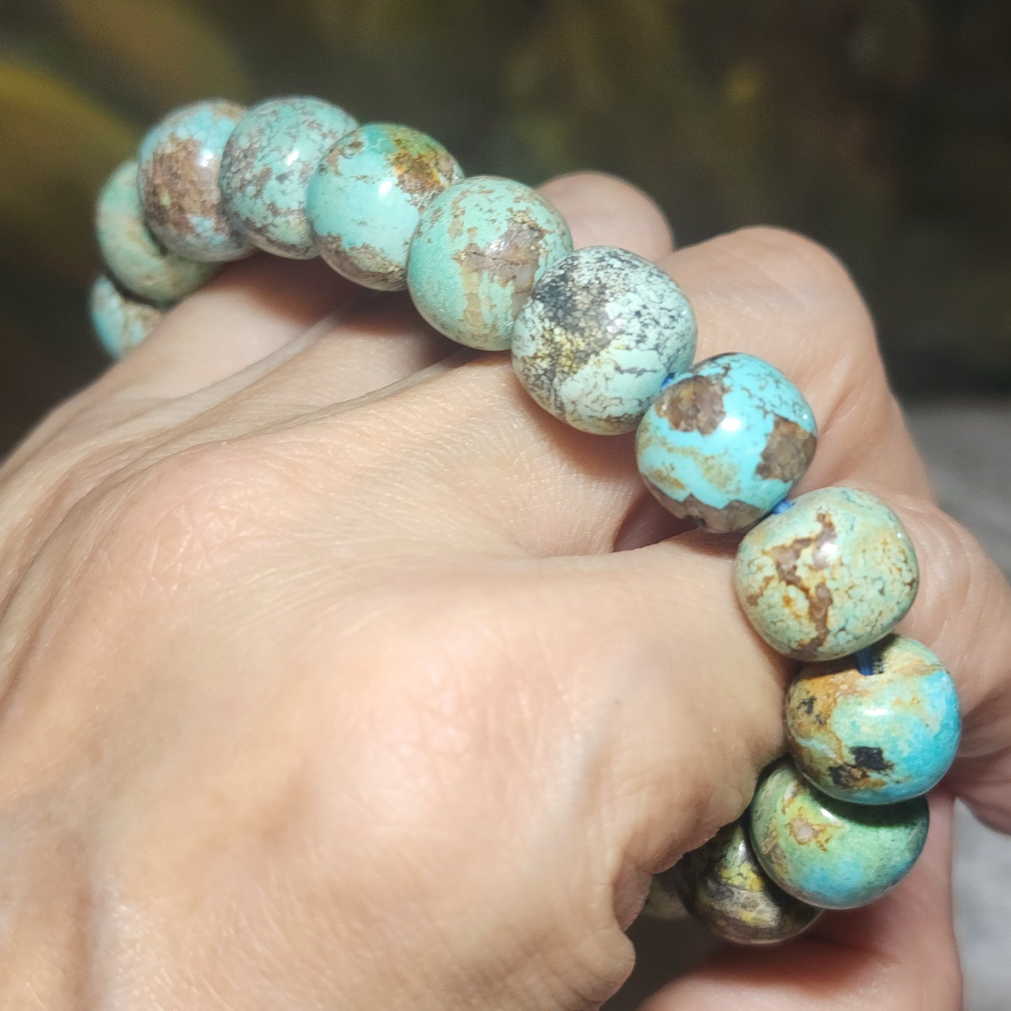 12mm+ Natural untreated Hubei Turquoise bluish green old style beads bracelet [Natural Crystal] 天然原矿湖北松石蓝绿老型珠手链
