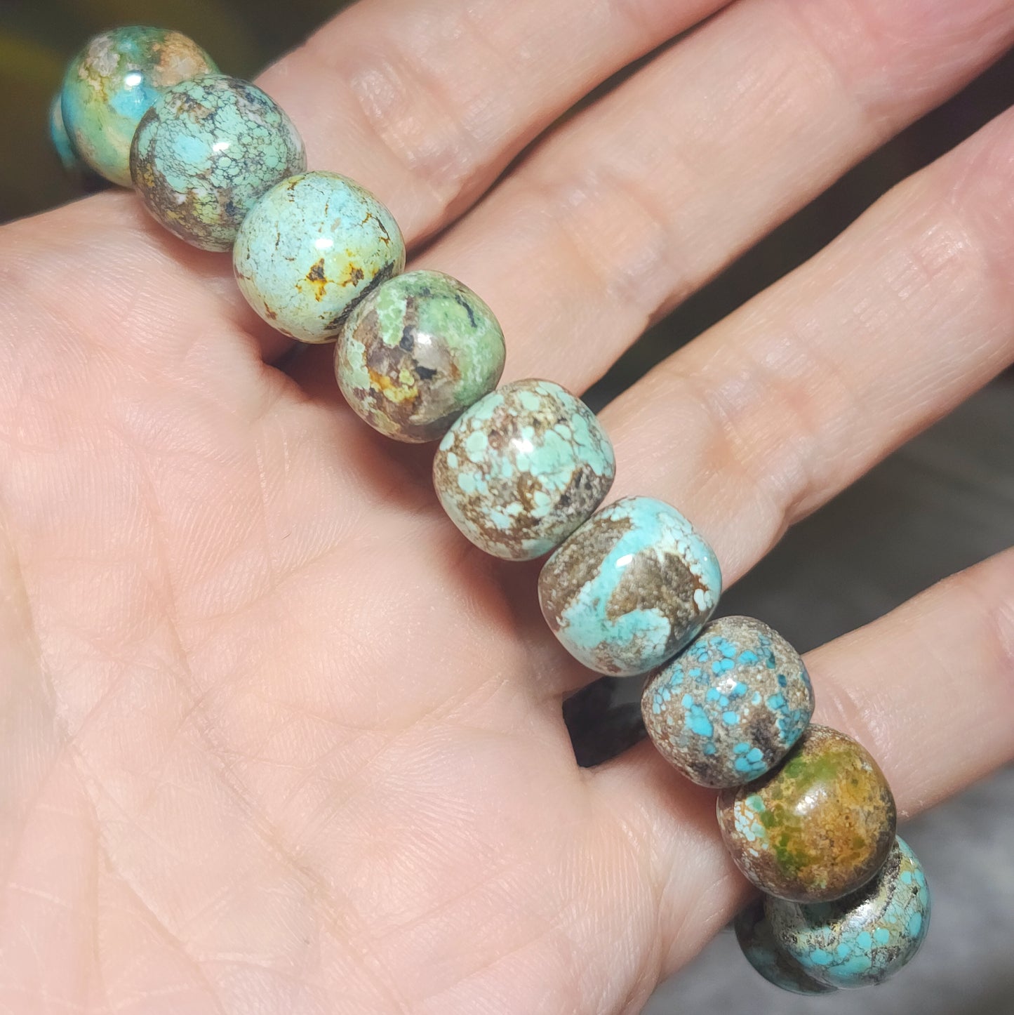 12mm+ Natural untreated Hubei Turquoise bluish green old style beads bracelet [Natural Crystal] 天然原矿湖北松石蓝绿老型珠手链