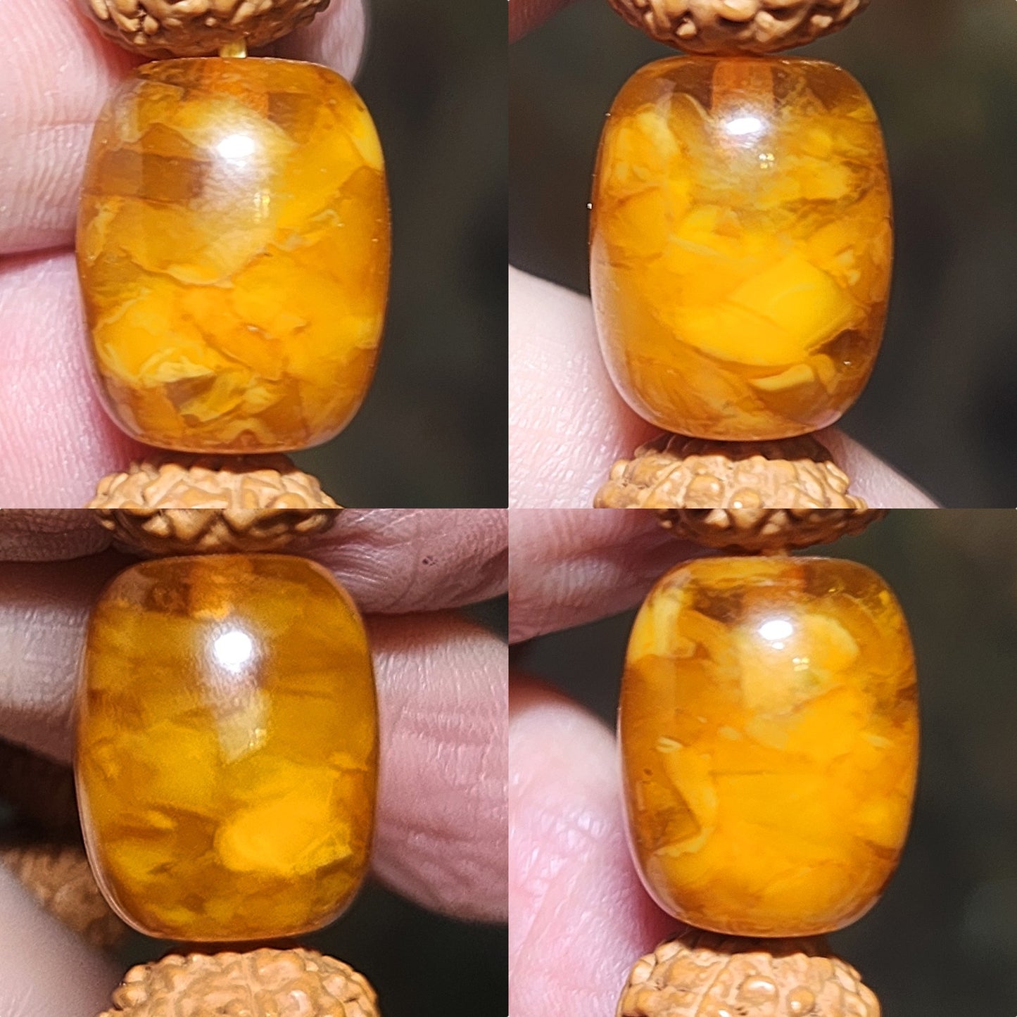 Premium 12mm+ natural "Panlong" (Coiling Dragon) 9 Mukhi (faces) small species Rudraksha and natural Butterscotch Amber barrel bead bracelet 精品九瓣盘龙小金刚菩提子配蜜腊桶珠手链
