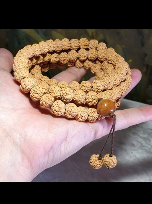 11.5mm large size "ginger yellow" 5 Mukhi (Faces) "Double Dragons" Rudraksha 108 chanting beads 11.5毫米大尺寸姜黄皮五瓣双龙小金刚菩提108念珠 (Same design with 99 chanting beads also available. )