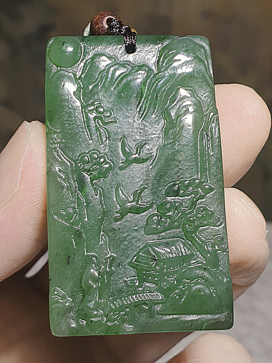 Natural Nephrite greenish Chinese Landscape pendant (with certificate) 和田玉碧玉山水吊坠(带证书)