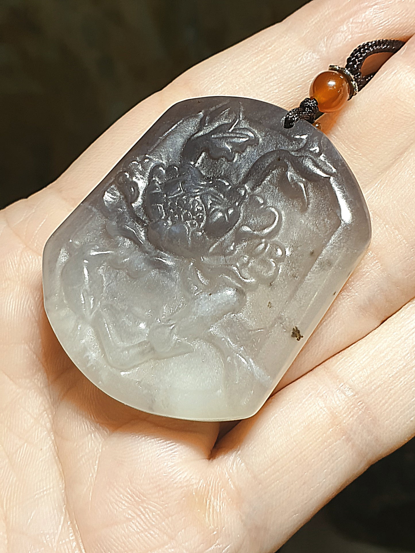 Natural Nephrite whitish & smoky grey with a slight hint of lavender Flower & Bird pendant (with certificate) 和田玉双色白、烟灰微紫调花鸟吊坠(带证书)