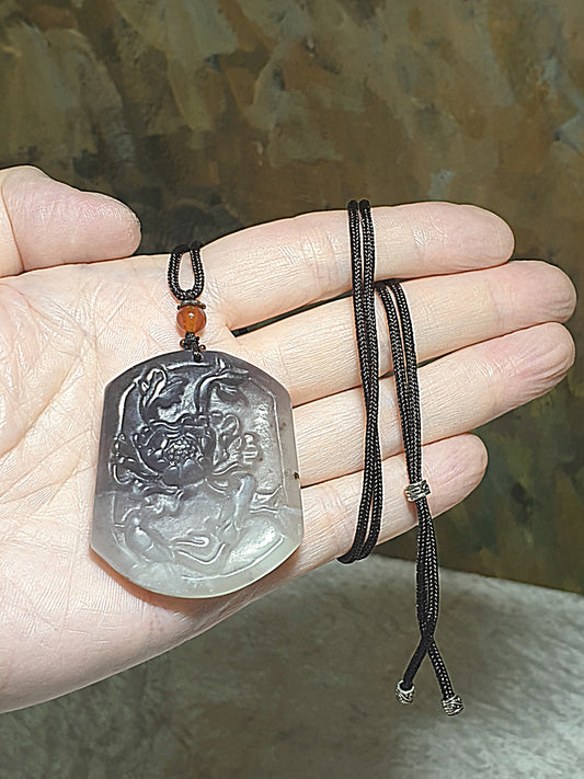 Natural Nephrite whitish & smoky grey with a slight hint of lavender Flower & Bird pendant (with certificate) 和田玉双色白、烟灰微紫调花鸟吊坠(带证书)