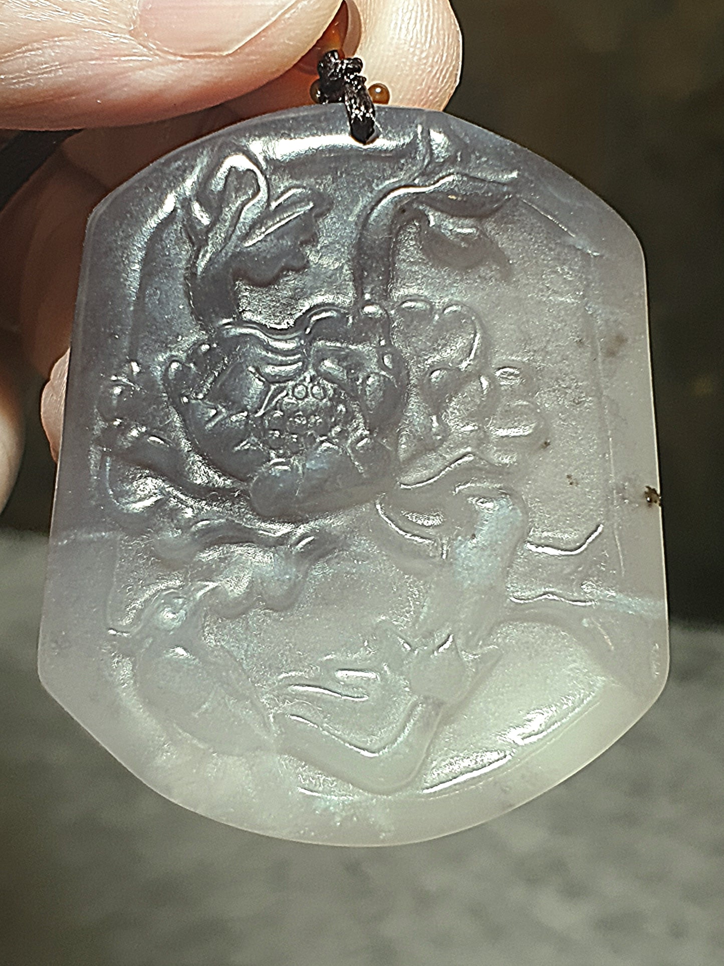 Natural Nephrite whitish & smoky grey with a slight hint of lavender Flower & Bird pendant (with certificate) 和田玉双色白、烟灰微紫调花鸟吊坠(带证书)