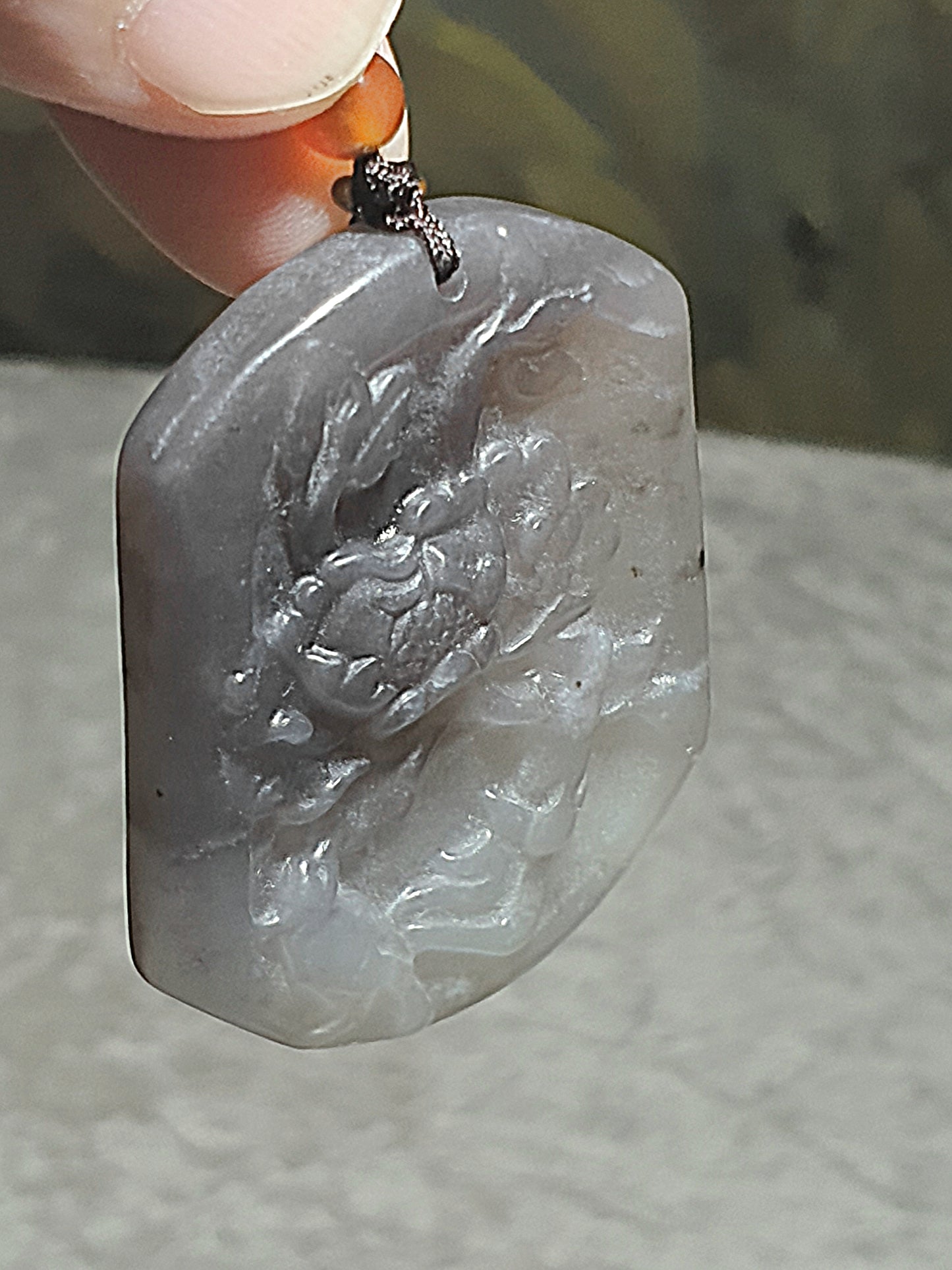 Natural Nephrite whitish & smoky grey with a slight hint of lavender Flower & Bird pendant (with certificate) 和田玉双色白、烟灰微紫调花鸟吊坠(带证书)