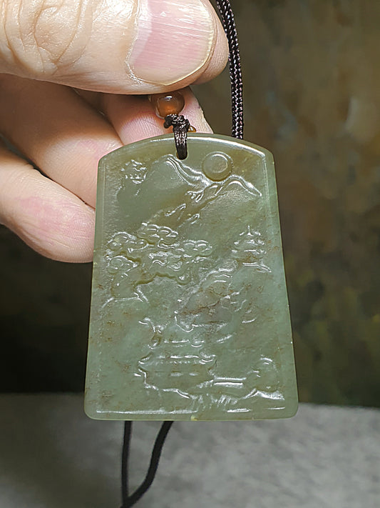 Natural Nephrite Caramel brownish greenish Chinese Landscape pendant (with certificate) 和田玉且末糖青白玉山水吊坠(带证书)