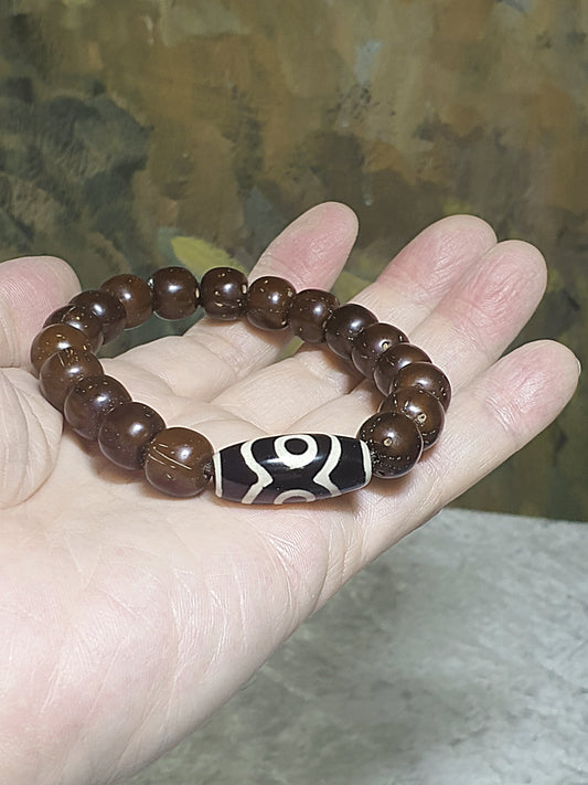 11mm Premium 3-Eye Bodhi (zijinshu) high oil content traditional old style beads & "Huya" 3-Eye Dzi 18 beads bracelet/handheld [Natural unprocessed] 11毫米老料高油招财紫金鼠(三眼菩提)配虎牙三眼天珠十八子手链/手持