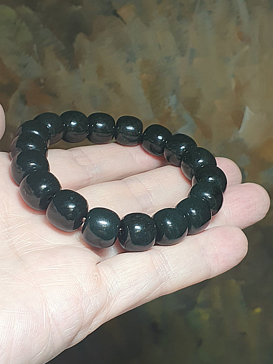 12mm deep green Nephrite "traditional old style beads" bracelet (with certificate) [Natural Crystal] 12毫米和田玉塔青深绿老型珠手链(带证书)