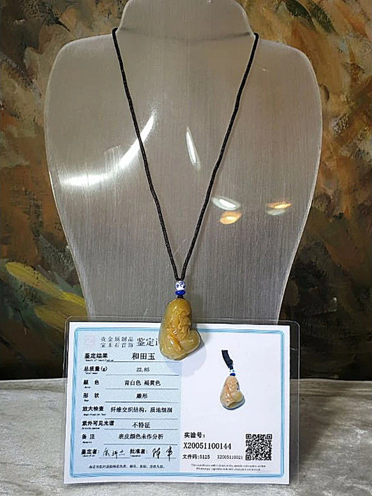 Hetian Pebble Nephrite Arhat and Tiger Jade pendant (with certificate) [Natural Crystal]  和田玉籽玉原石黄沁皮伏虎罗汉吊坠(带证书)