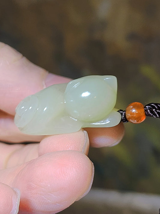 Natural untreated Nephrite light greenish slight yellow hue Cat Jade pendant (with certificate) 和田玉油润青白微黃小貓咪吊坠(带证书)