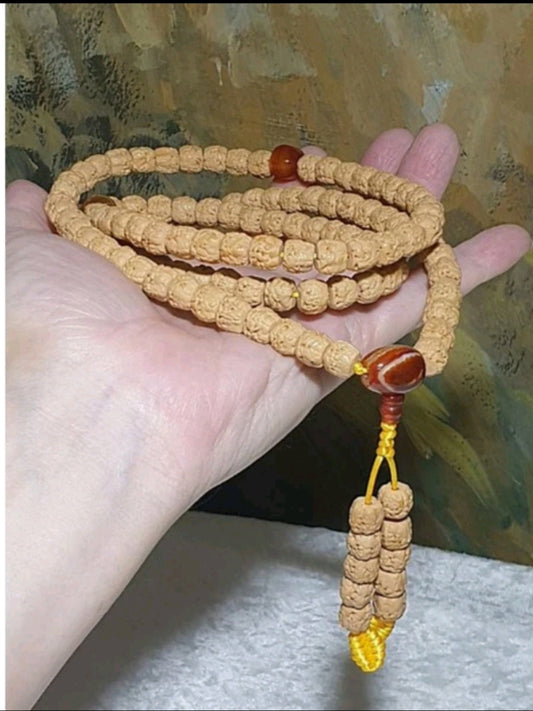 Gegegems Creation rare 9.5mm Tibetan style "Buddha palm" Rudraksha and The Warring States Sardonyx spacers & centrepiece 108 mala/necklace