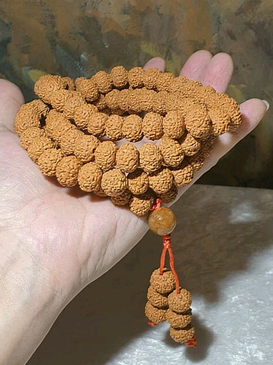 Gegegems Creation rare large size 12.5mm 9-Mukhi (Faces) abacus shape small species Rudraksha 108 mala beads/necklace with Type A Yellow Jadeite guru bead罕见大尺寸12.5毫米九瓣飞碟小金刚菩提108念珠/项链/多圈手串配黄翡佛头