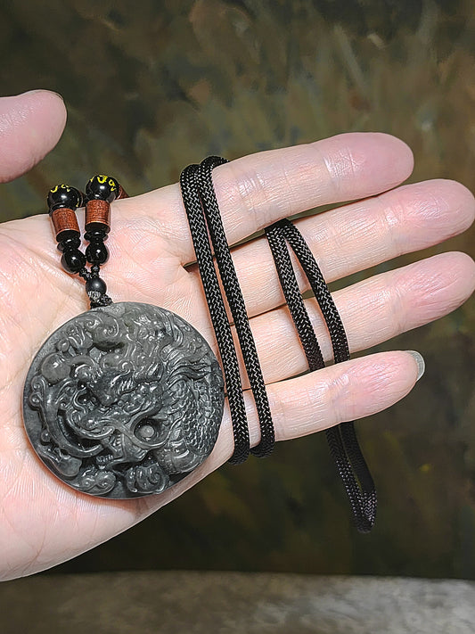 Natural Nephrite greenish Qinghua large Dragon pendant (with certificate) 和田玉绿青花大龙牌(带证书)