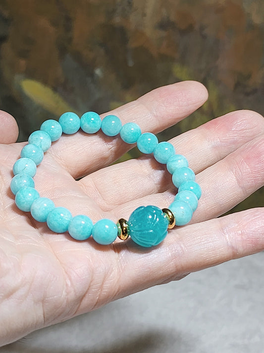 Gegegems Creation 8mm Premium Peru Amazonite, 12.8mm Icy Amazonite carved Lotus and 24k Gold plated spacers bracelet