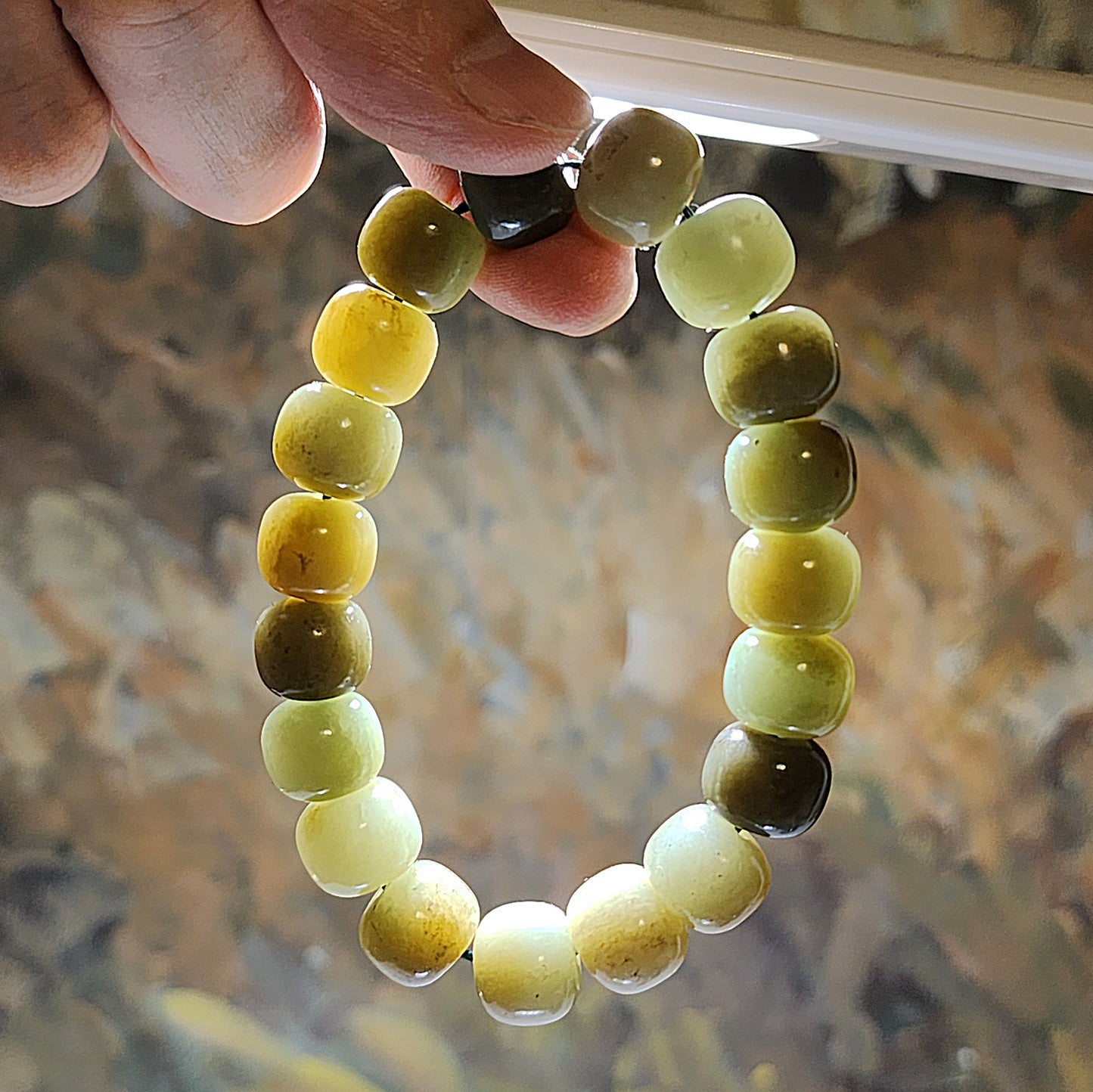 13mm premium greenish caramel brownish Nephrite "traditional old style beads" bracelet (with certificate) 13毫米和田玉且末青白糖老型珠手链(带证书)