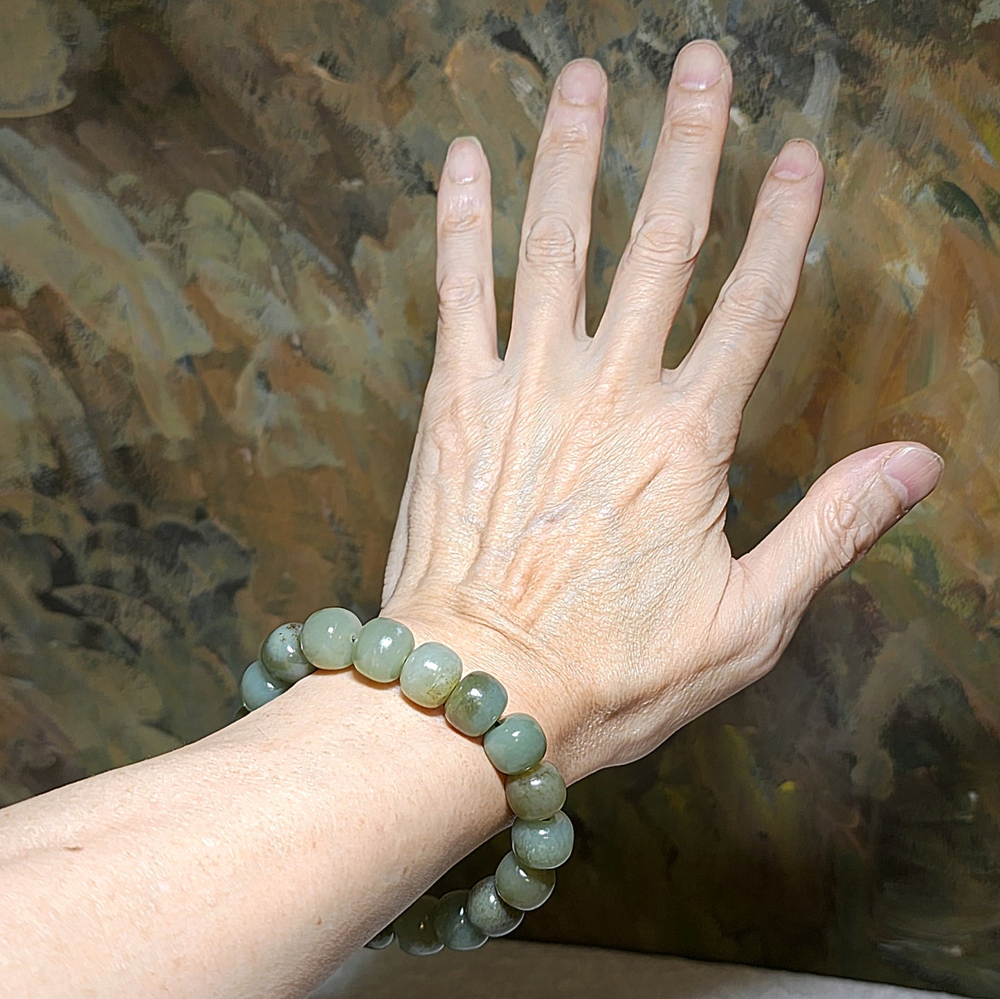 13mm premium greenish caramel brownish Nephrite "traditional old style beads" bracelet (with certificate) 13毫米和田玉且末青白糖老型珠手链(带证书)