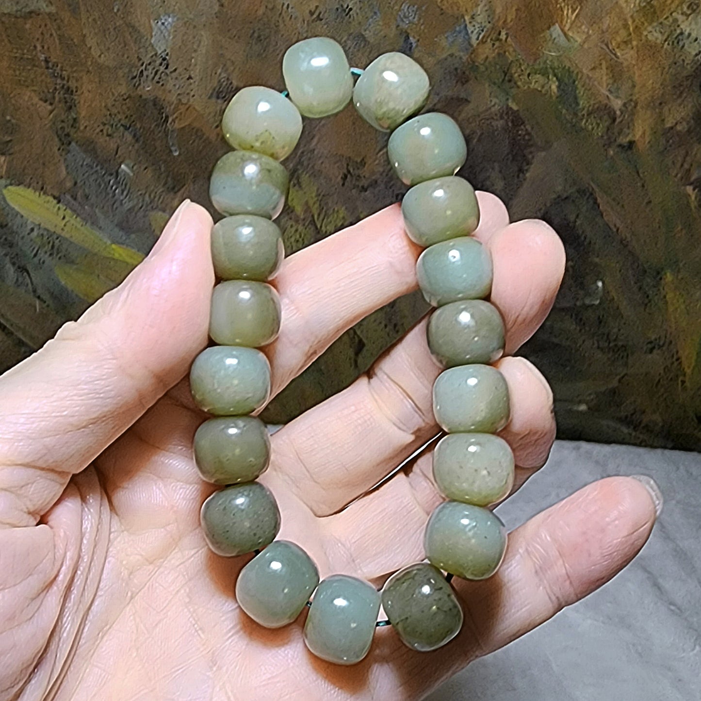 13mm premium greenish caramel brownish Nephrite "traditional old style beads" bracelet (with certificate) 13毫米和田玉且末青白糖老型珠手链(带证书)