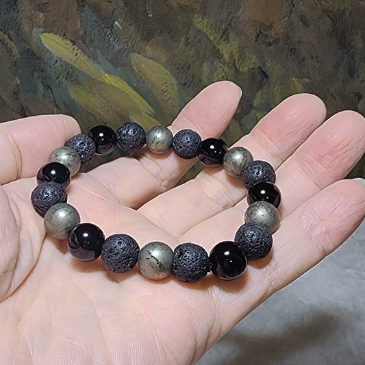 Gegegems Creation 10mm natural Pyrite, Lava Stone & Black Agate bracelet [Natural Crystal] 10毫米天然黄铁矿火山石黑玛瑙手链