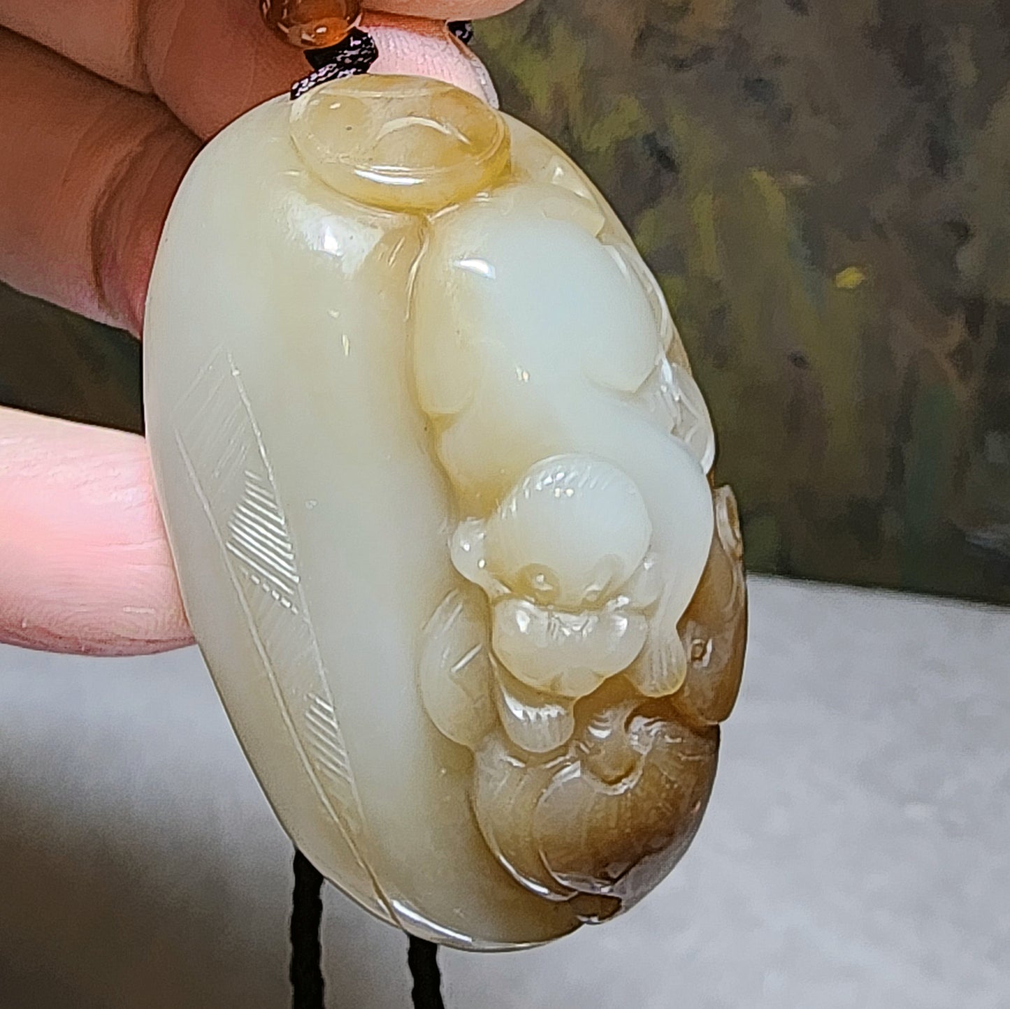 Gegegems Collection premium good greasiness natural Nephrite white & caramel brown Monkey Longevity Peach财 (Wealth) 福 (Blessings) Jade large pendant/handheld (with certificate) 和田玉且末糖白油润财福猴子寿桃古铜钱吊坠/手把(带证书)