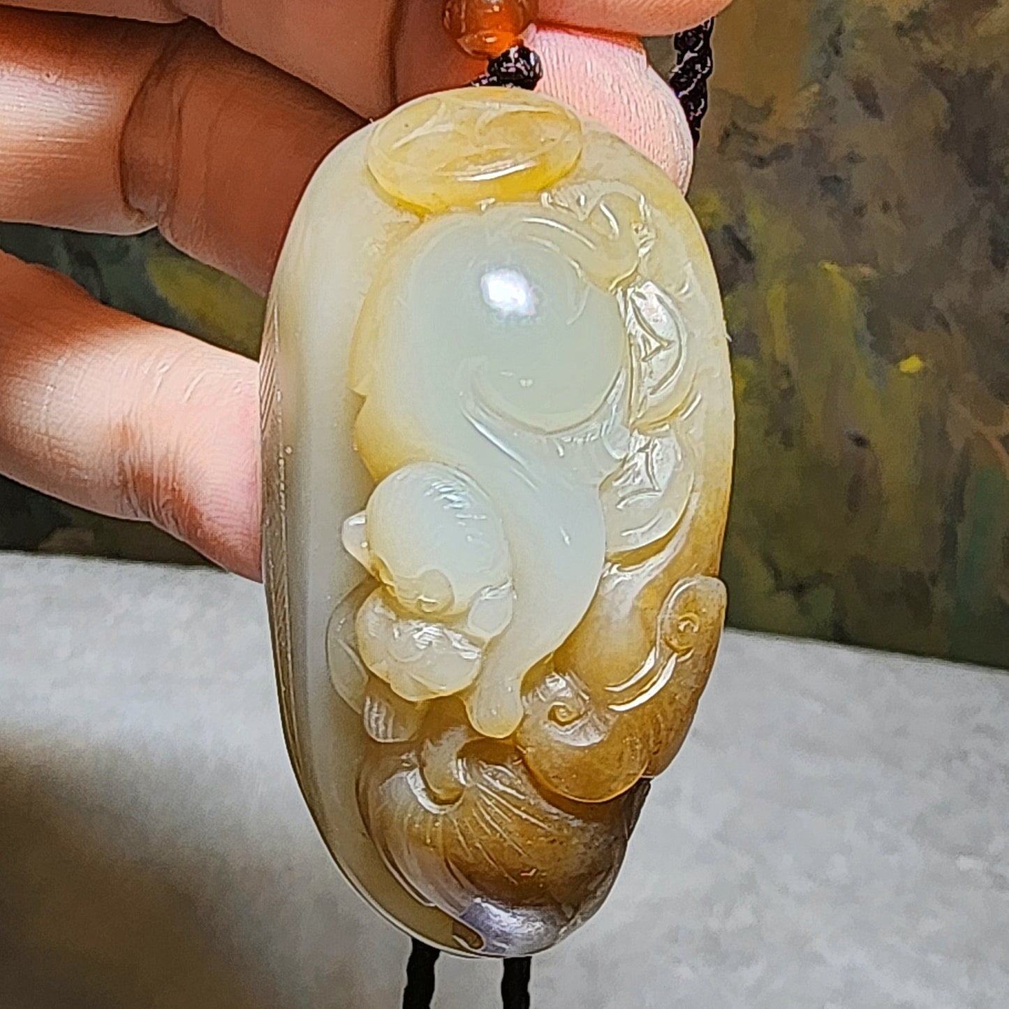 Gegegems Collection premium good greasiness natural Nephrite white & caramel brown Monkey Longevity Peach财 (Wealth) 福 (Blessings) Jade large pendant/handheld (with certificate) 和田玉且末糖白油润财福猴子寿桃古铜钱吊坠/手把(带证书)