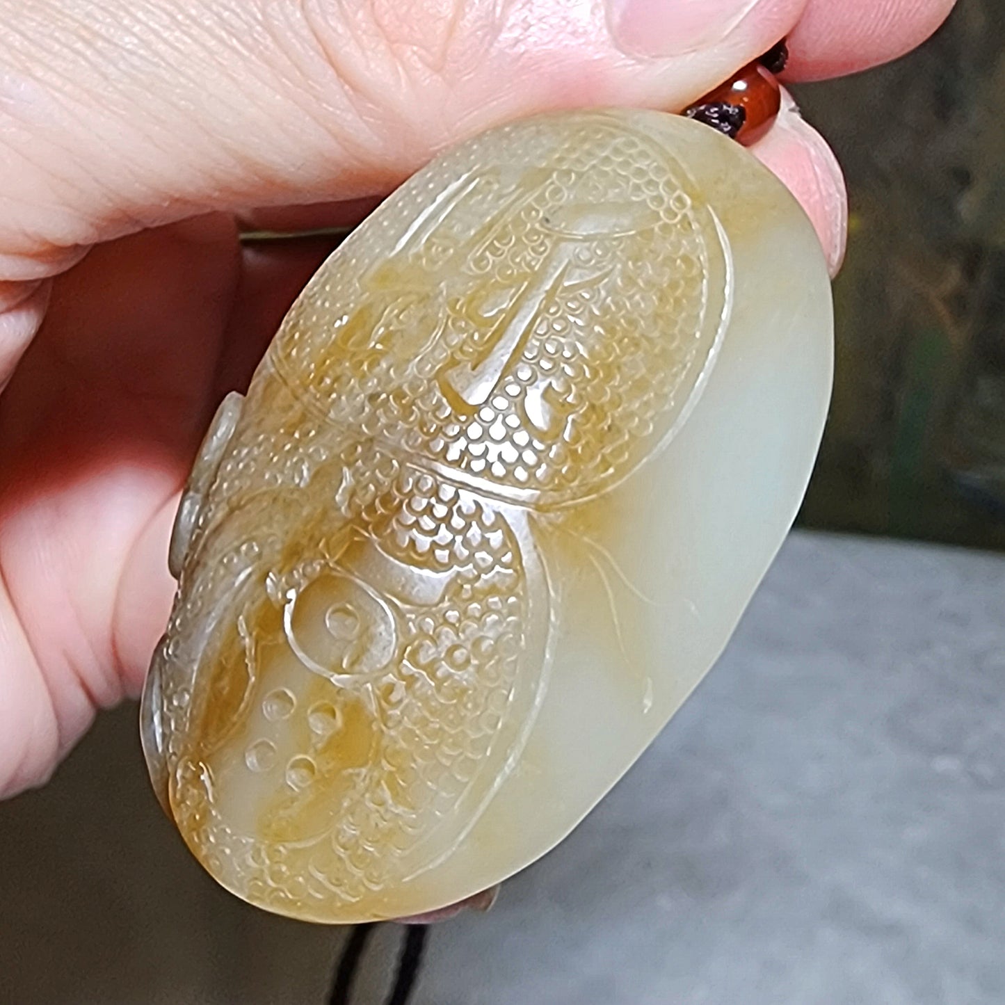 Gegegems Collection premium good greasiness natural Nephrite white & caramel brown Monkey Longevity Peach财 (Wealth) 福 (Blessings) Jade large pendant/handheld (with certificate) 和田玉且末糖白油润财福猴子寿桃古铜钱吊坠/手把(带证书)