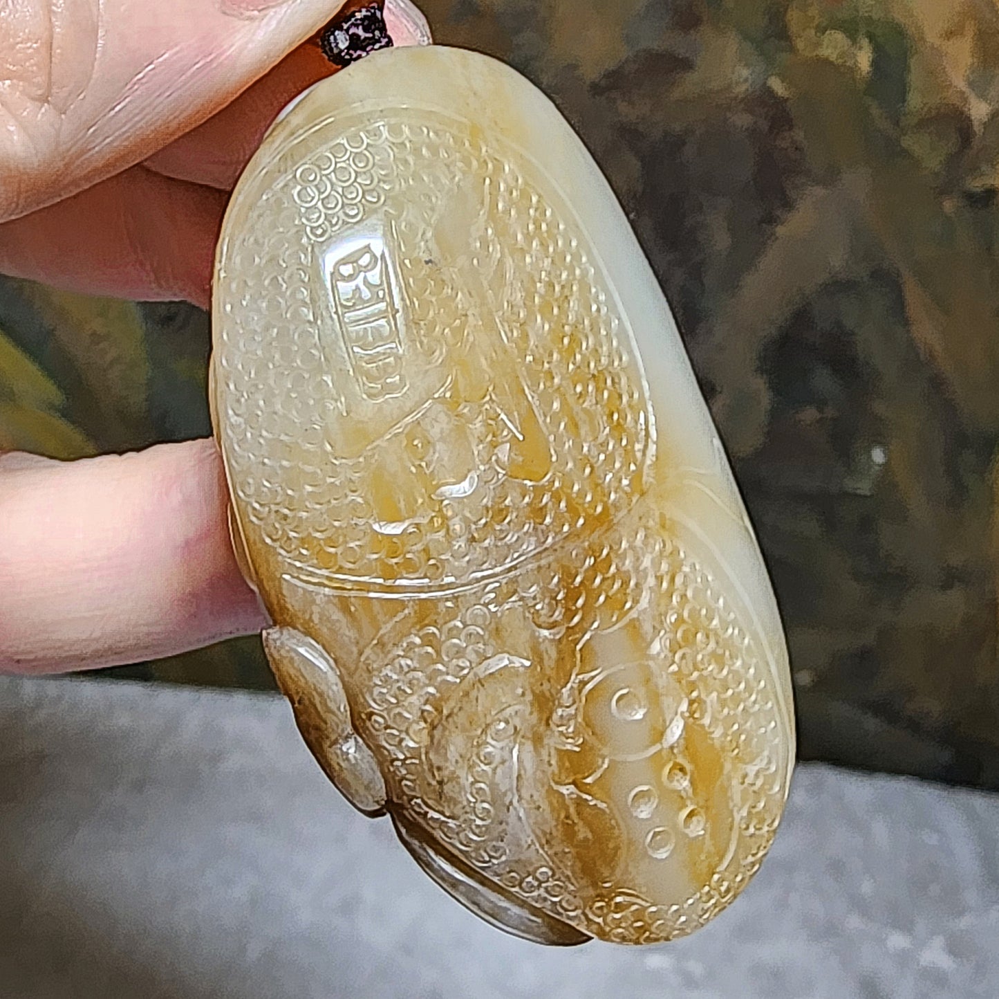 Gegegems Collection premium good greasiness natural Nephrite white & caramel brown Monkey Longevity Peach财 (Wealth) 福 (Blessings) Jade large pendant/handheld (with certificate) 和田玉且末糖白油润财福猴子寿桃古铜钱吊坠/手把(带证书)