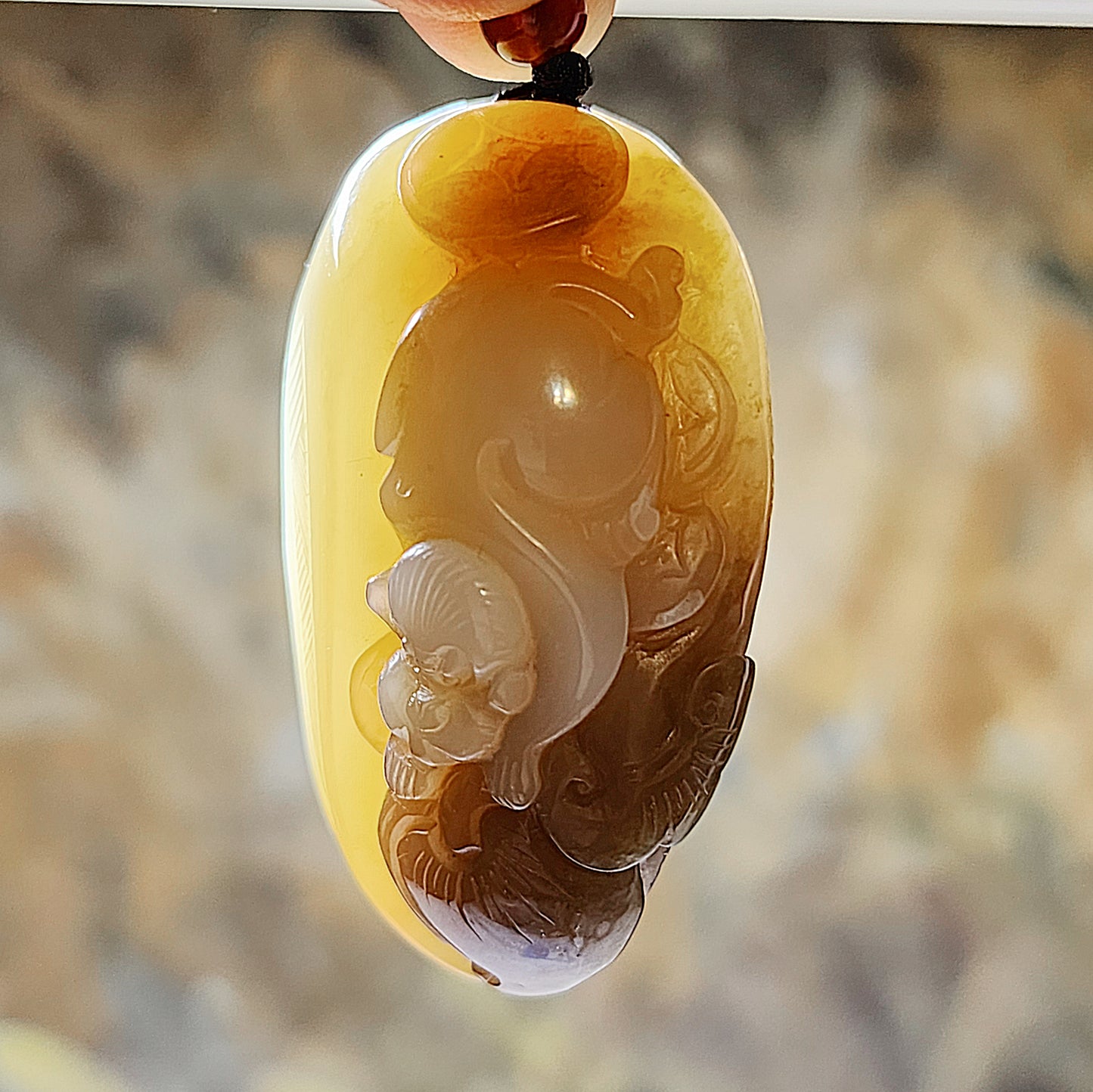 Gegegems Collection premium good greasiness natural Nephrite white & caramel brown Monkey Longevity Peach财 (Wealth) 福 (Blessings) Jade large pendant/handheld (with certificate) 和田玉且末糖白油润财福猴子寿桃古铜钱吊坠/手把(带证书)