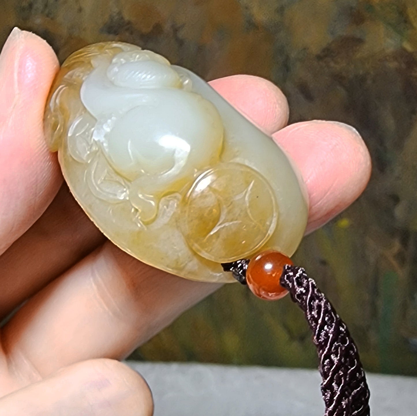 Gegegems Collection premium good greasiness natural Nephrite white & caramel brown Monkey Longevity Peach财 (Wealth) 福 (Blessings) Jade large pendant/handheld (with certificate) 和田玉且末糖白油润财福猴子寿桃古铜钱吊坠/手把(带证书)