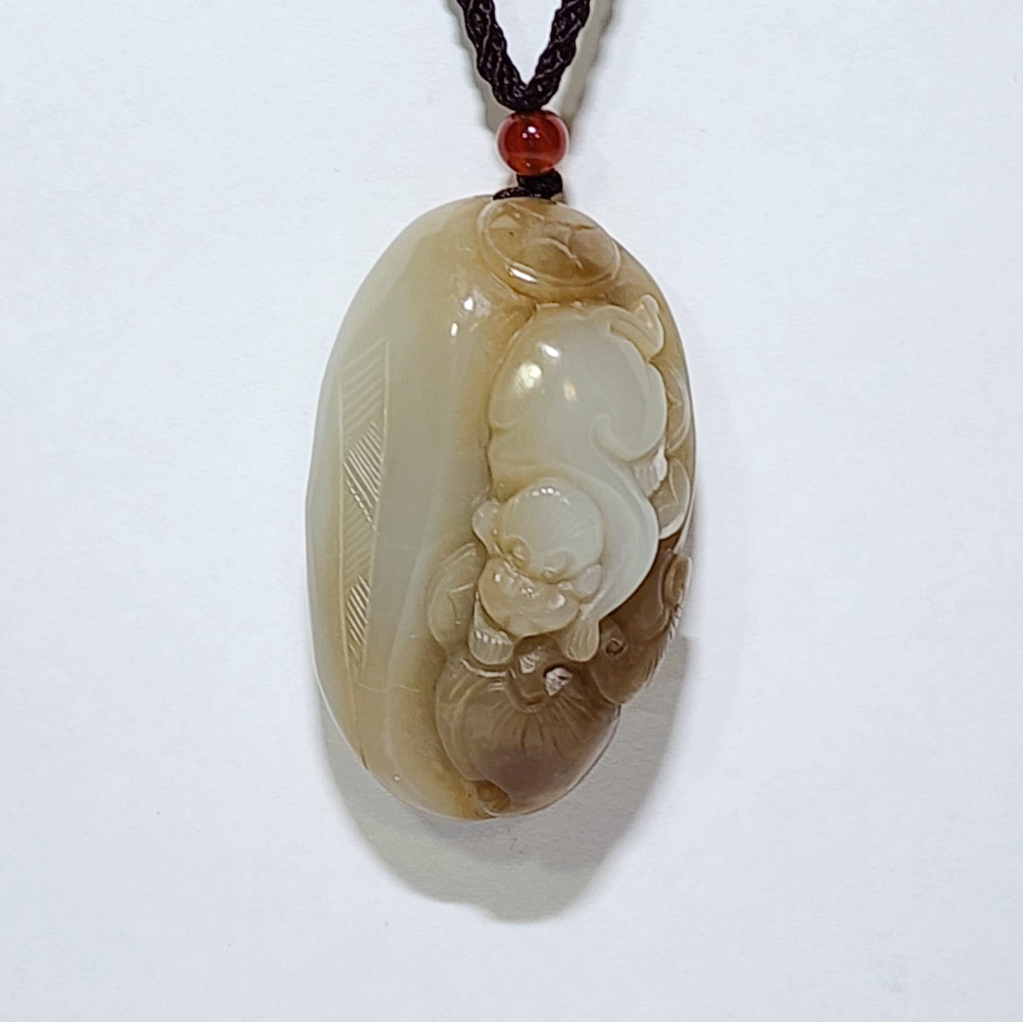 Gegegems Collection premium good greasiness natural Nephrite white & caramel brown Monkey Longevity Peach财 (Wealth) 福 (Blessings) Jade large pendant/handheld (with certificate) 和田玉且末糖白油润财福猴子寿桃古铜钱吊坠/手把(带证书)