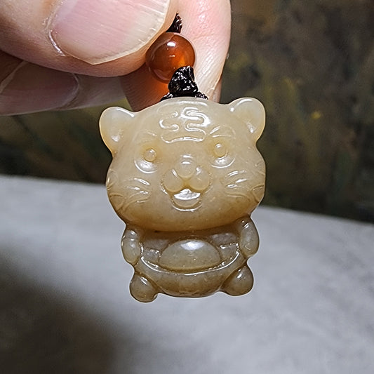 Premium natural Nephrite caramel brown 3 dimensional Tiger Jade pendant (with certificate) 和田玉且末糖立体老虎吊坠(带证书)