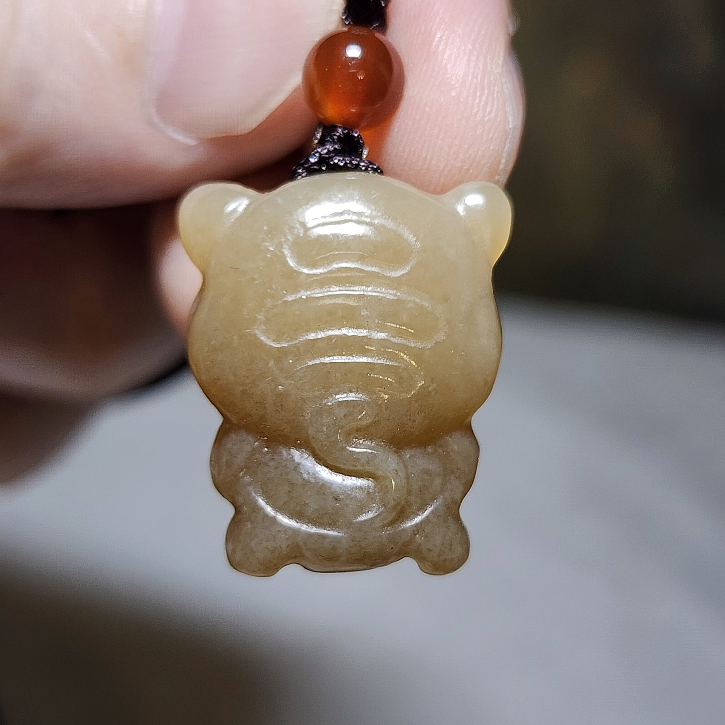 Premium natural Nephrite caramel brown 3 dimensional Tiger Jade pendant (with certificate) 和田玉且末糖立体老虎吊坠(带证书)