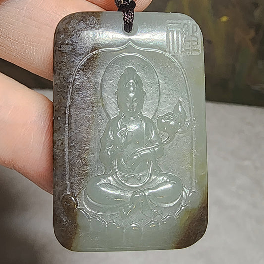 Premium natural Nephrite caramel brown light green Zen Lotus Guan Yin  Jade pendant (with certificate) 和田玉且末糖青白禅普度众生持莲观音牌子(带证书)