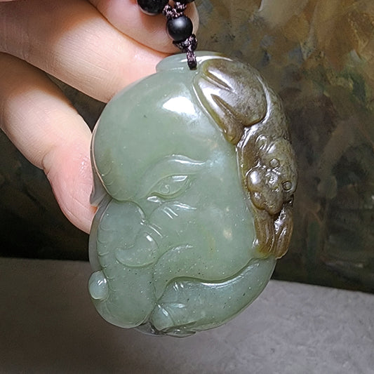 Premium Nephrite caramel brown light bluish green good greasiness Elephant Monkey Bat Coins Jade pendant/handheld (with certificate) 和田玉且末蓝调糖青白油润大象猴子蝙蝠铜钱吊坠/手把(带证书)