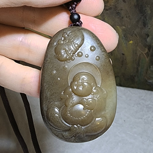 Premium Nephrite caramel brown good greasiness God of Wealth & Laughing Buddha Maitreya Jade pendant/handheld (with certificate) 优质和田玉且末老黃糖油润财神弥勒笑佛人财兩旺吊坠/手把(带证书)