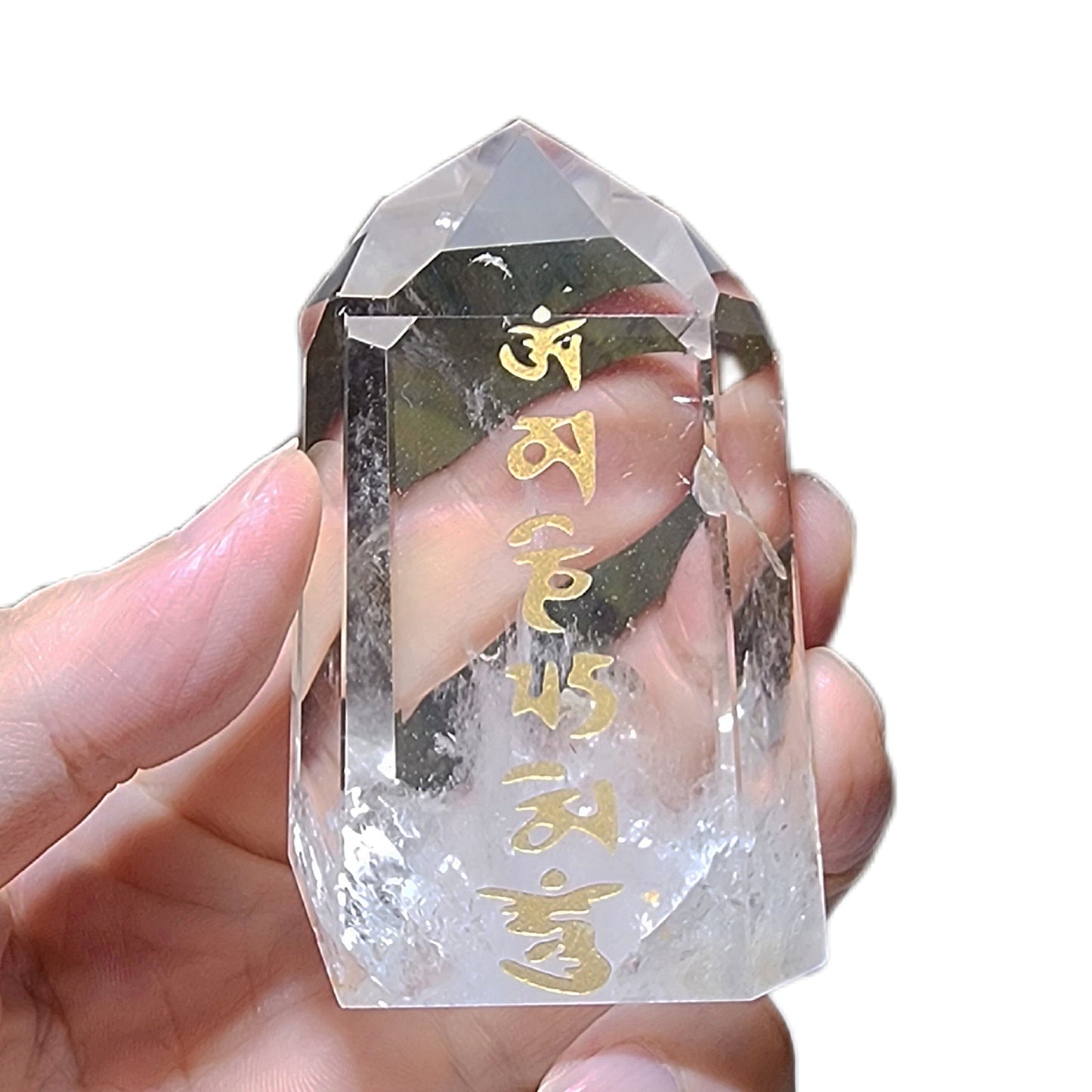 189 grams Premium polished Clear Quartz point carved Tibetan blessings Om Mani Padme Hum small display piece[Natural Crystal] 精品天然白水晶柱雕刻六字真言小摆件