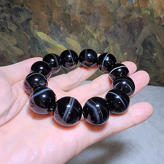 20mm Large size natural pattern Medicine Dzi black Sardonyx bracelet handheld [Natural Crystal] 20毫米大尺寸天然缠丝玛瑙药师珠手链手持