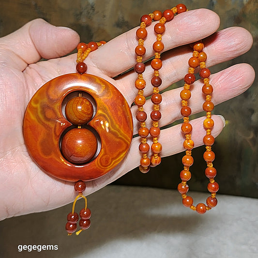 59mm The Warring States Sardonyx (Zhanguo Red Agate) "8" shape pendant with same material 6mm handmade necklace战国红 "8"字形吊坠连战国红6厘米珠子手编项链 #6