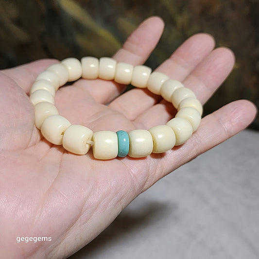 11.6mm Tibetan aged barrel beads and natural untreated Hubei Turquoise bracelet 藏式老料化石珠桶珠原矿湖北松石手链 #8