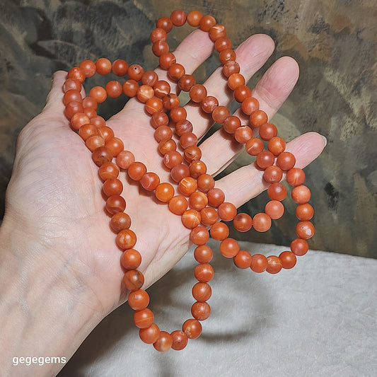 9mm Baoshan Nan Hong with some natural white lines and a bit of "skin" 108 mala necklace / multi loops bracelet  110克保山南红帶小许天然白纹及铁皮108念珠項链多圈手链