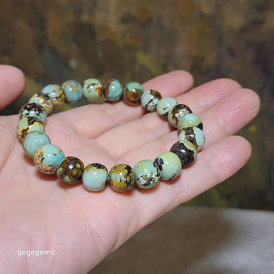 10mm+ Natural untreated Hubei Turquoise tangsancai bracelet  天然原矿湖北松石高瓷唐三彩手链