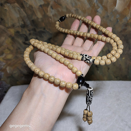 8.6mm aged "Star & Moon" Bodhi with 3 Eyes and 9 Eyes Dzi 108 prayer beads necklace 8.6毫米老料星月菩提黄金籽配三眼九眼天珠108念珠串项链