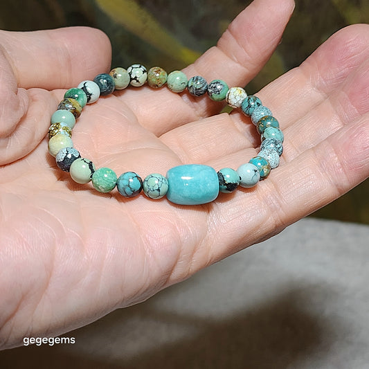 6.3mm Natural untreated Hubei Turquoise  multicolor and 10mm icy blue Amazonite barrel bead bracelet  天然原矿湖北松石多色配冰蓝天河石桶珠手链