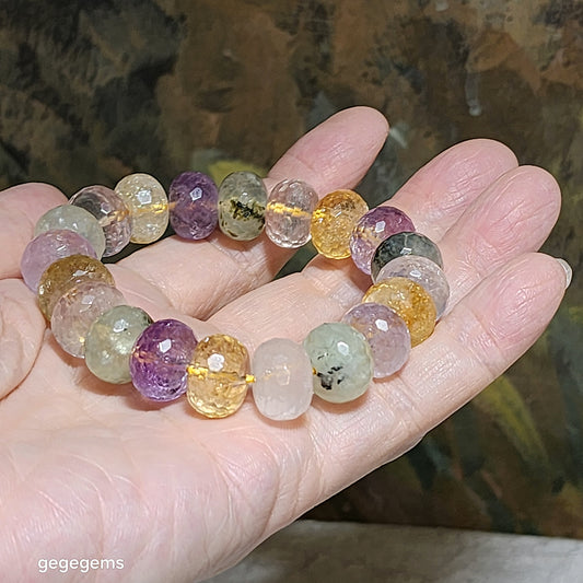 Gegegems collection 14mm Premium faceted Rose Quartz, Amethyst, Citrine and Prehnite bracelet [Natural Crystal] 精品粉晶紫水晶黃水晶葡萄石手链