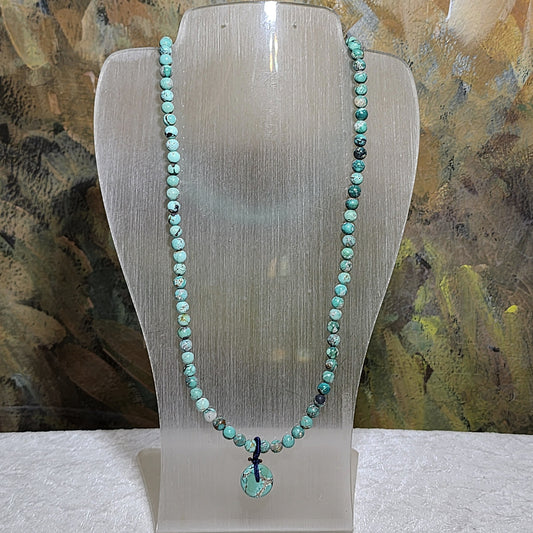 Premium natural untreated greenish blue Hubei Turquoise necklace multi loops bracelet (5.5mm+ beads and a 14mm Donut) 天然原矿湖北松石绿蓝圆珠平安扣项链多圈手链