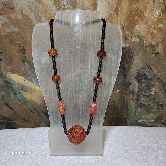 Gegegems Creation 29.5mm Old mine Baoshan Nan Hong Dragon, Mongolia Nan Hong 9 Eyes Dzi, The Warring States Sardonyx abacus beads and Lines Agate barrel beads necklace 保山南红大龙珠配外蒙料九眼天珠战国红算盘珠线纹玛瑙項链