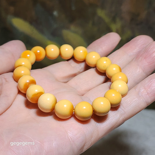 11mm+ Premium Mianhuang (Myanmar Yellow Dragon Jade) filled treasure bowl bracelet 精品缅黄滿滿聚宝盘手链