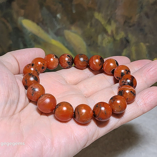 13mm+ Premium Baoshan Nan Hong deep persimmon red with stone skin bracelet 优质保山南红深柿子带铁皮手链