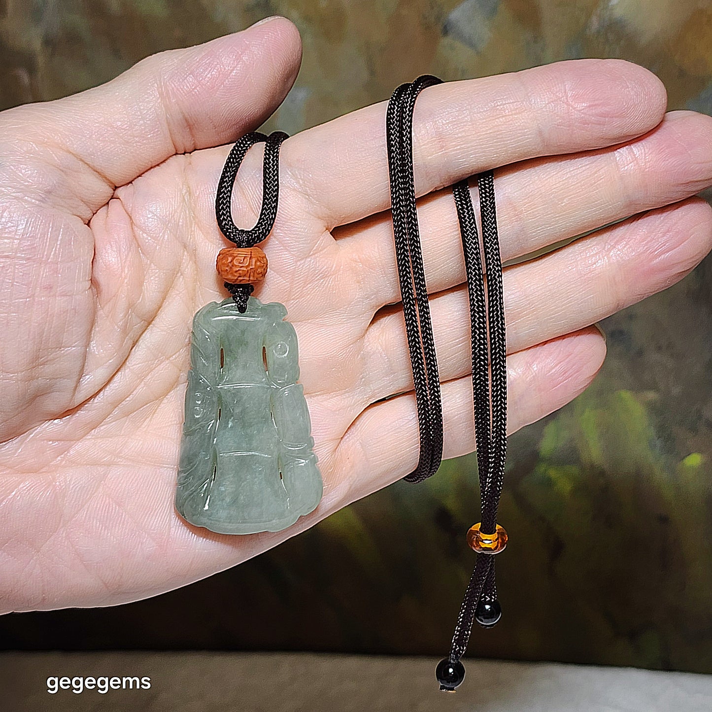 Type A Jadeite light green both sides carvings Bamboo & Bat (with certificate) with Qiaojia Nan Hong huiwen bead Jade pendant 翡翠淡绿双面雕刻竹蝙蝠(祝福)吊坠(带证书)配云南巧家南红回纹珠 竹报平安 节节高升 福在眼前