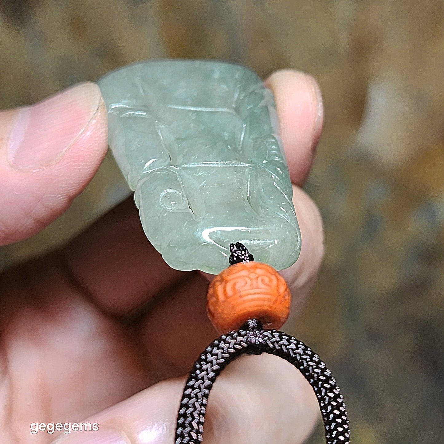 Type A Jadeite light green both sides carvings Bamboo & Bat (with certificate) with Qiaojia Nan Hong huiwen bead Jade pendant 翡翠淡绿双面雕刻竹蝙蝠(祝福)吊坠(带证书)配云南巧家南红回纹珠 竹报平安 节节高升 福在眼前