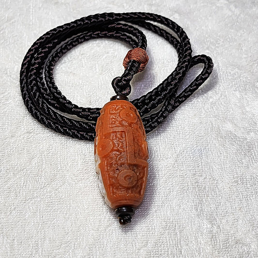 33.9mm Mongolia old mine Nan Hong with natural mountain support pattern carved 9 Eyes Dzi pendant 老蒙南红天然靠山纹雕刻九眼天珠吊坠